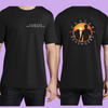 Black tshirt front and back view. Cancer revengers text on front left side of chest, the back has a large colored sunset logo
