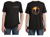 Black tshirt front and back view. Cancer revengers text on front left side of chest, the back has a large colored sunset logo