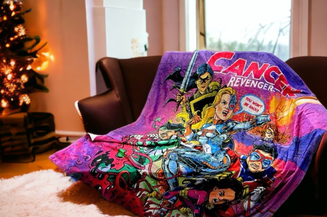  Cancer revenger hero fleece blanket laid out on couch