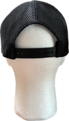 black sustainable trucker hat back view with adjustable snapback strap