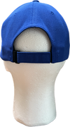 Back of blue baseball cap with adjustable velcro