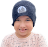 child wearing black beanie with white logo
