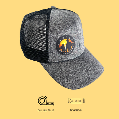 dark heathered gray jersey knit trucker hat with colored sunset logo