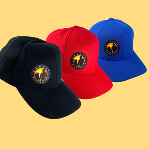 Baseball caps in black, red and blue compiled in one photo