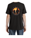 Black tshirt back view with a large colored sunset logo