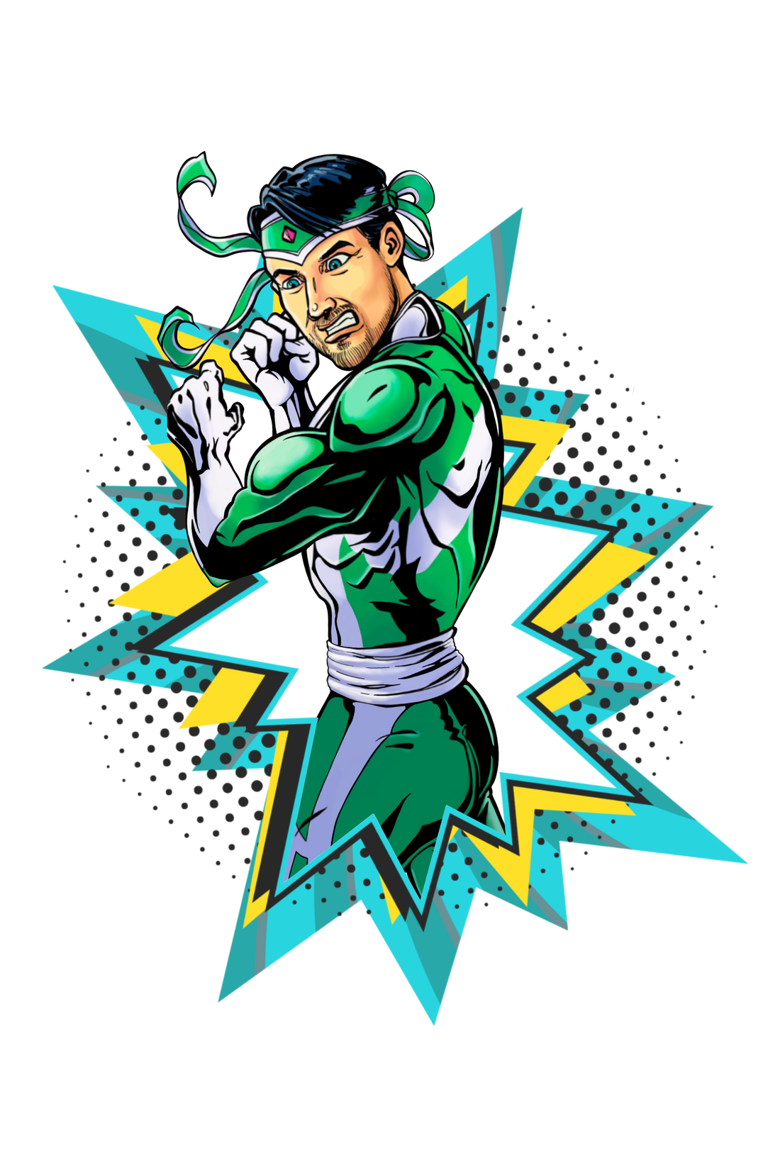  Comic book style superhero man in green, symbolizes one of the doctors fighting cancer
