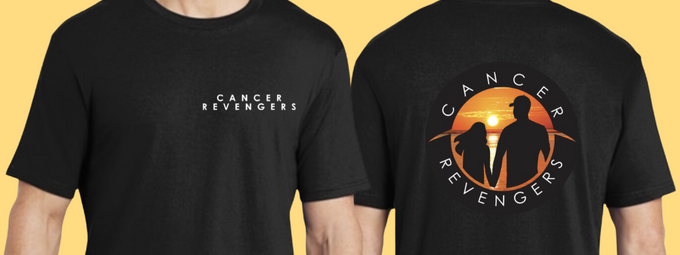  black tshirt front and back shown together. Cancer revengers text on the front left chest section, back of the shirt has the colored sunset logo