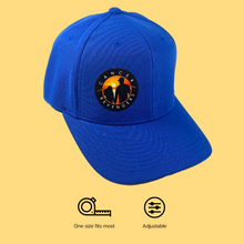  Blue adjustable baseball cap with colored sunset logo, one size fits most