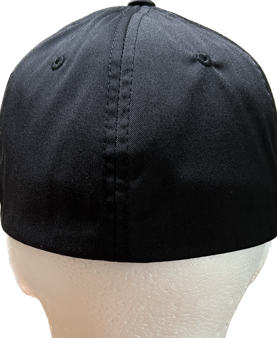 Semifitted black sustainable cap back view, no adjustable strap
