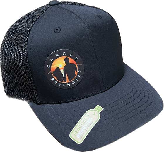 black sustainable trucker hat with colored sunset logo