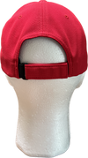 Back of red baseball cap with adjustable velcro