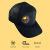 black sustainable trucker hat with colored sunset logo