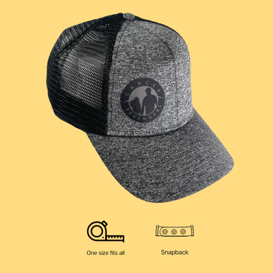 dark heathered gray jersey knit trucker hat with gray and black logo