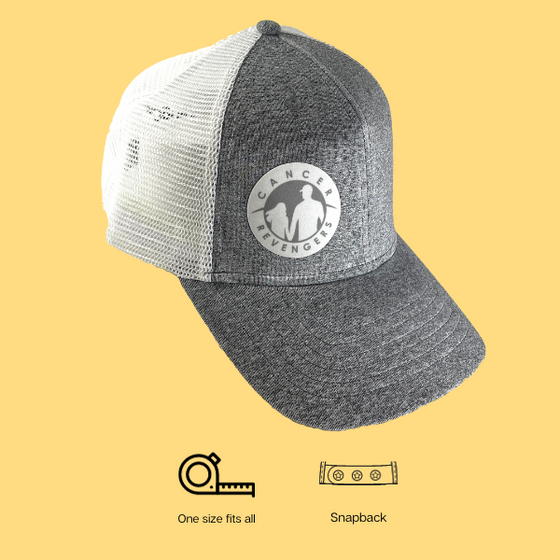 light heathered gray jersey knit trucker hat with white mesh backing. Gray and white logo on the front